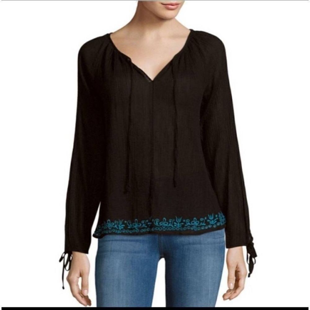 LOVESHACKFANCY Women's Black Solid Embroidered Peasant Blouse sz Small